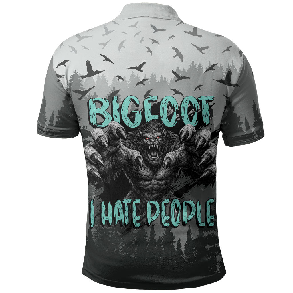 Bigfoot Stay Wild I Hate People Polo Shirt Angry Sasquatch Distressed Forest Dark Fantasy