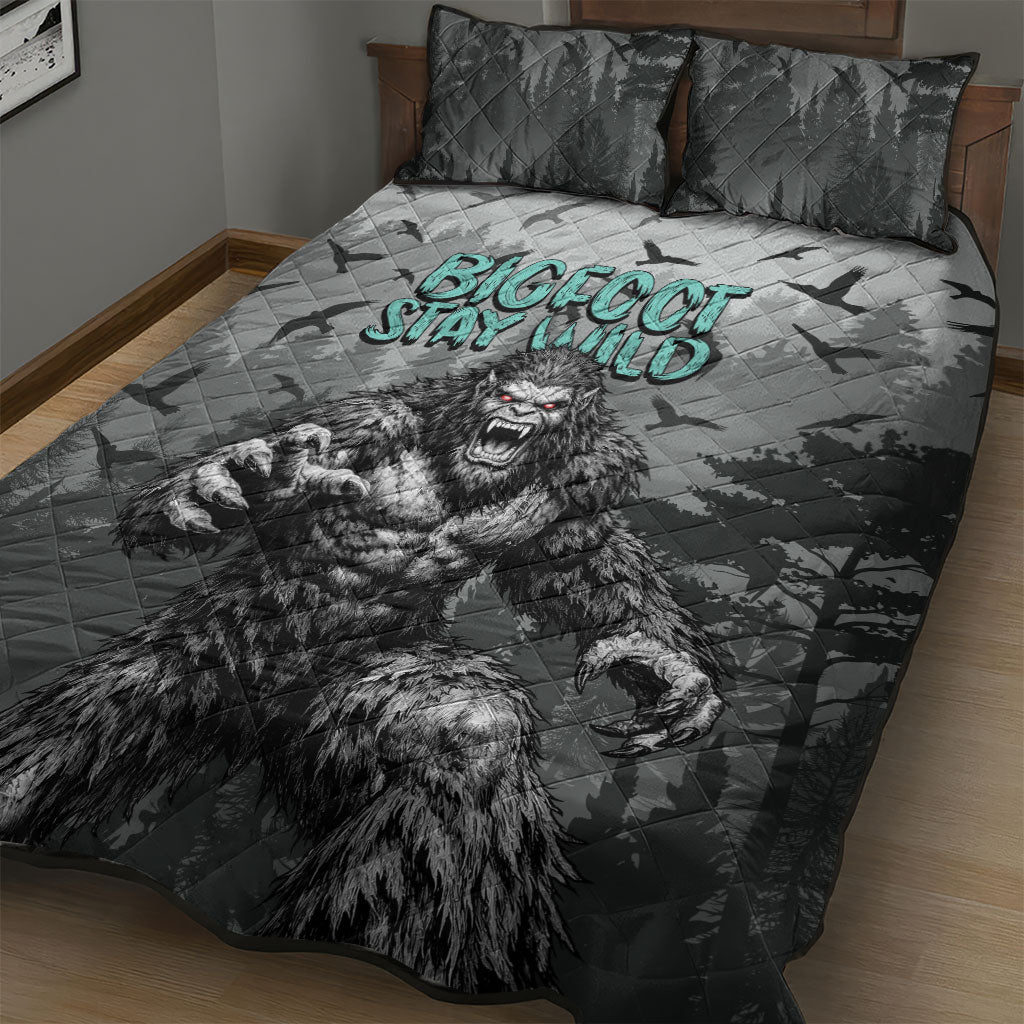 Bigfoot Stay Wild I Hate People Quilt Bed Set Angry Sasquatch Distressed Forest Dark Fantasy