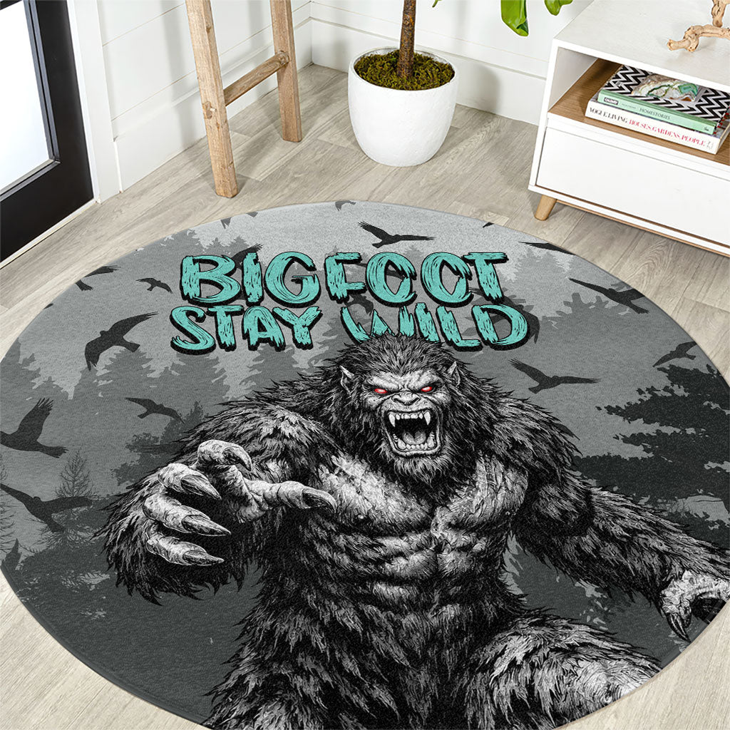 Bigfoot Stay Wild I Hate People Round Carpet Angry Sasquatch Distressed Forest Dark Fantasy