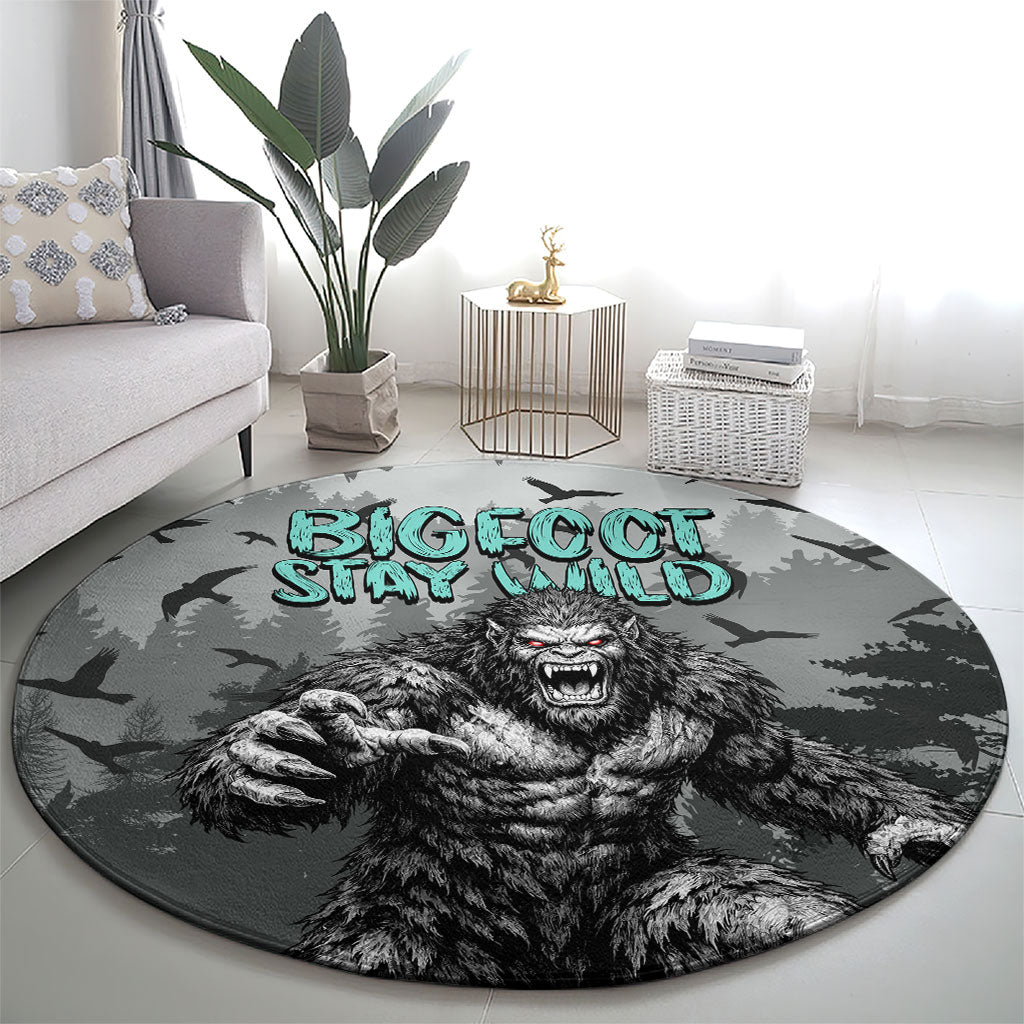 Bigfoot Stay Wild I Hate People Round Carpet Angry Sasquatch Distressed Forest Dark Fantasy