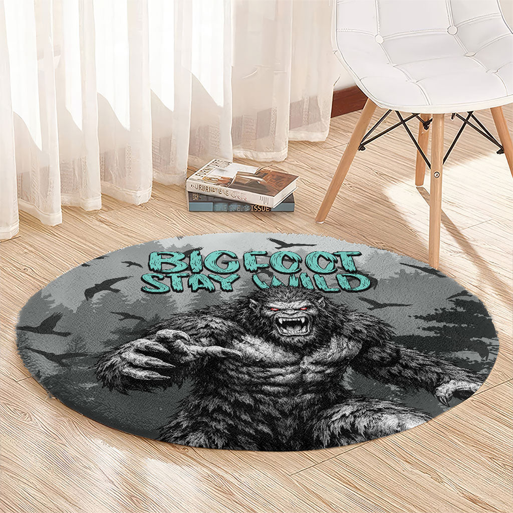 Bigfoot Stay Wild I Hate People Round Carpet Angry Sasquatch Distressed Forest Dark Fantasy