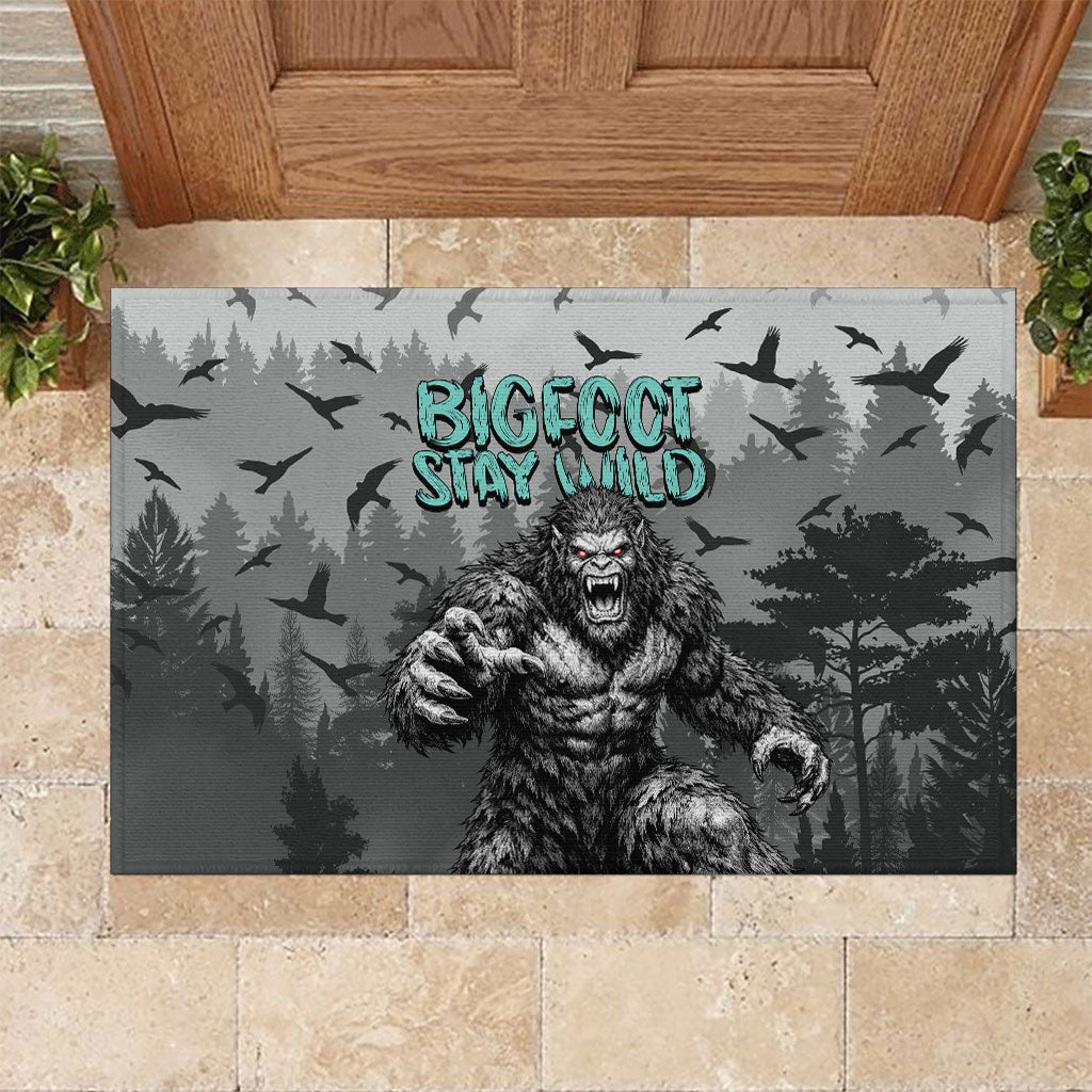 Bigfoot Stay Wild I Hate People Rubber Doormat Angry Sasquatch Distressed Forest Dark Fantasy