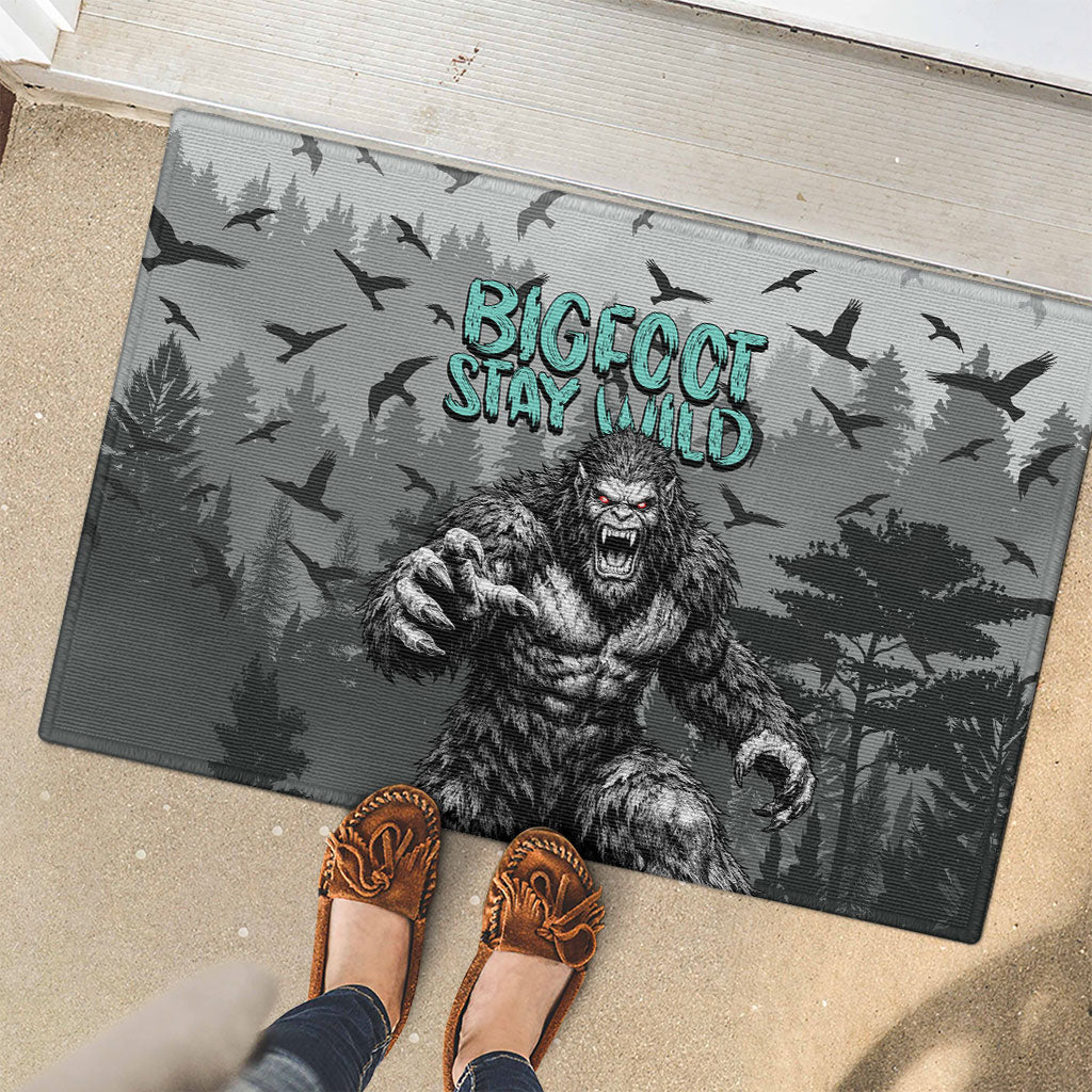 Bigfoot Stay Wild I Hate People Rubber Doormat Angry Sasquatch Distressed Forest Dark Fantasy
