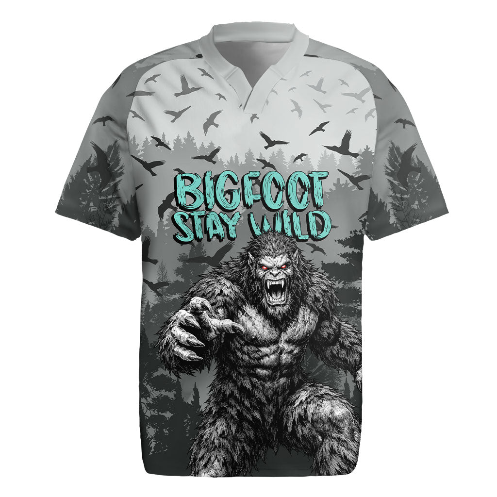 Bigfoot Stay Wild I Hate People Rugby Jersey Angry Sasquatch Distressed Forest Dark Fantasy