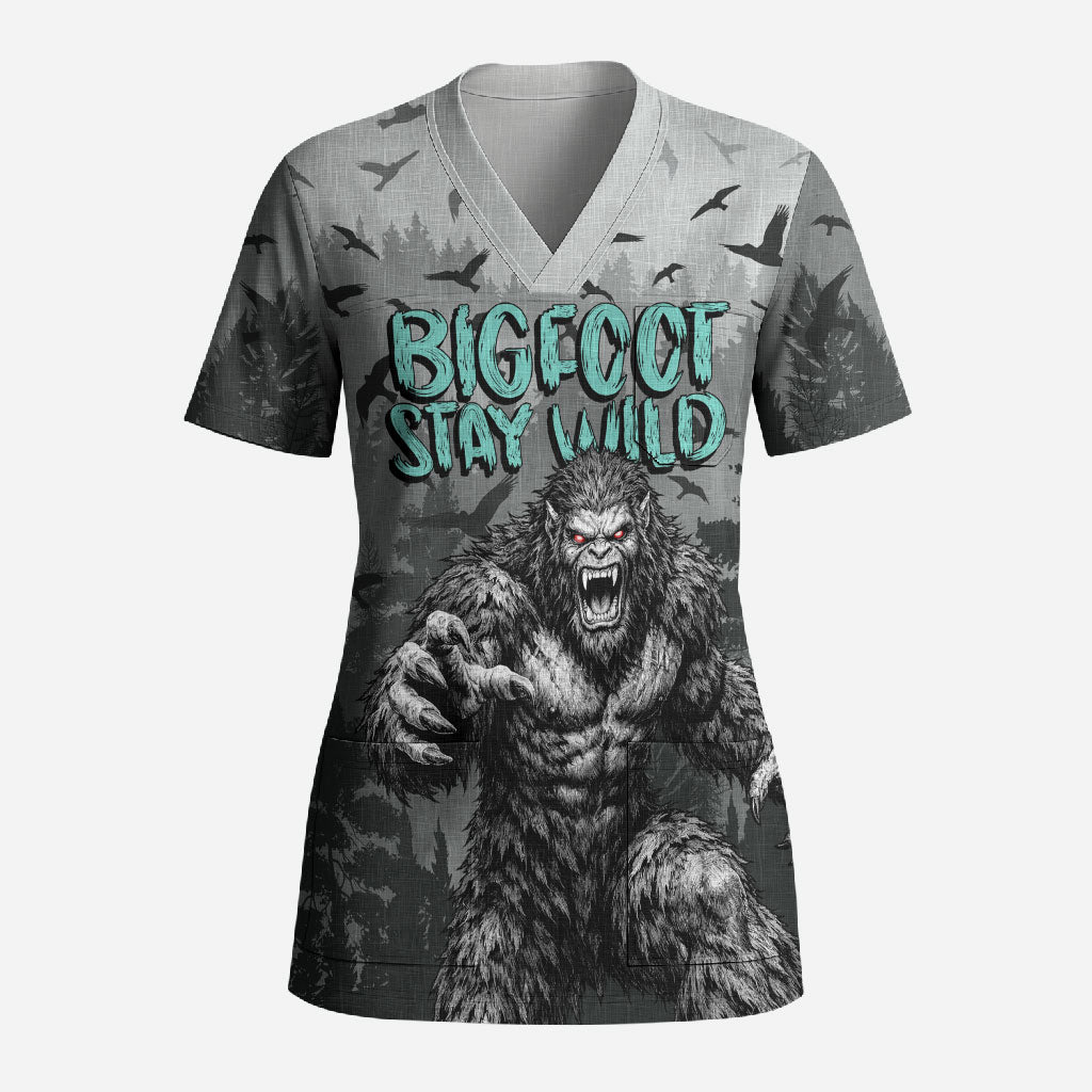 Bigfoot Stay Wild I Hate People Scrub Top Angry Sasquatch Distressed Forest Dark Fantasy