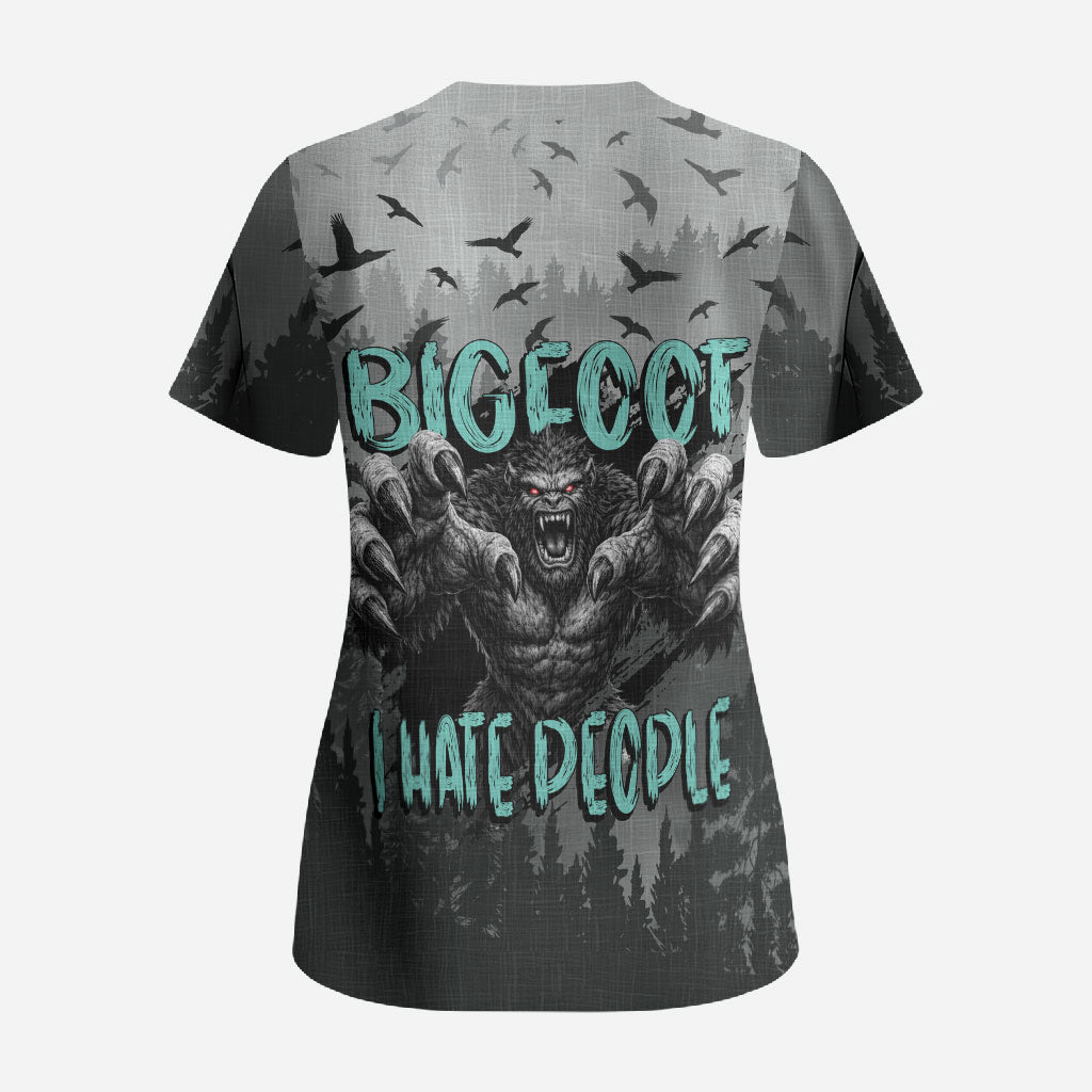Bigfoot Stay Wild I Hate People Scrub Top Angry Sasquatch Distressed Forest Dark Fantasy