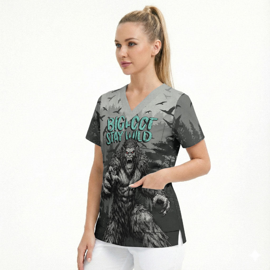 Bigfoot Stay Wild I Hate People Scrub Top Angry Sasquatch Distressed Forest Dark Fantasy
