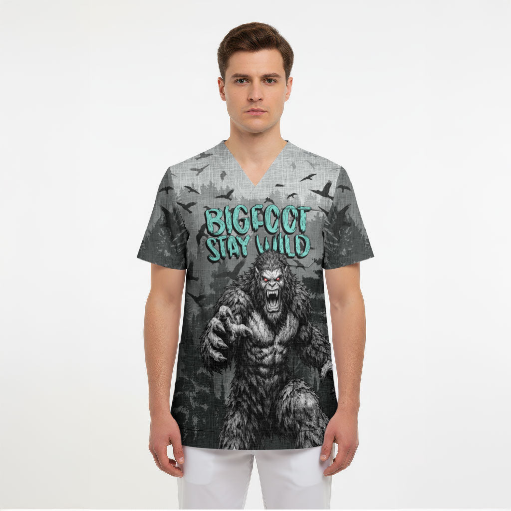 Bigfoot Stay Wild I Hate People Scrub Top Angry Sasquatch Distressed Forest Dark Fantasy