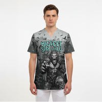 Bigfoot Stay Wild I Hate People Scrub Top Angry Sasquatch Distressed Forest Dark Fantasy