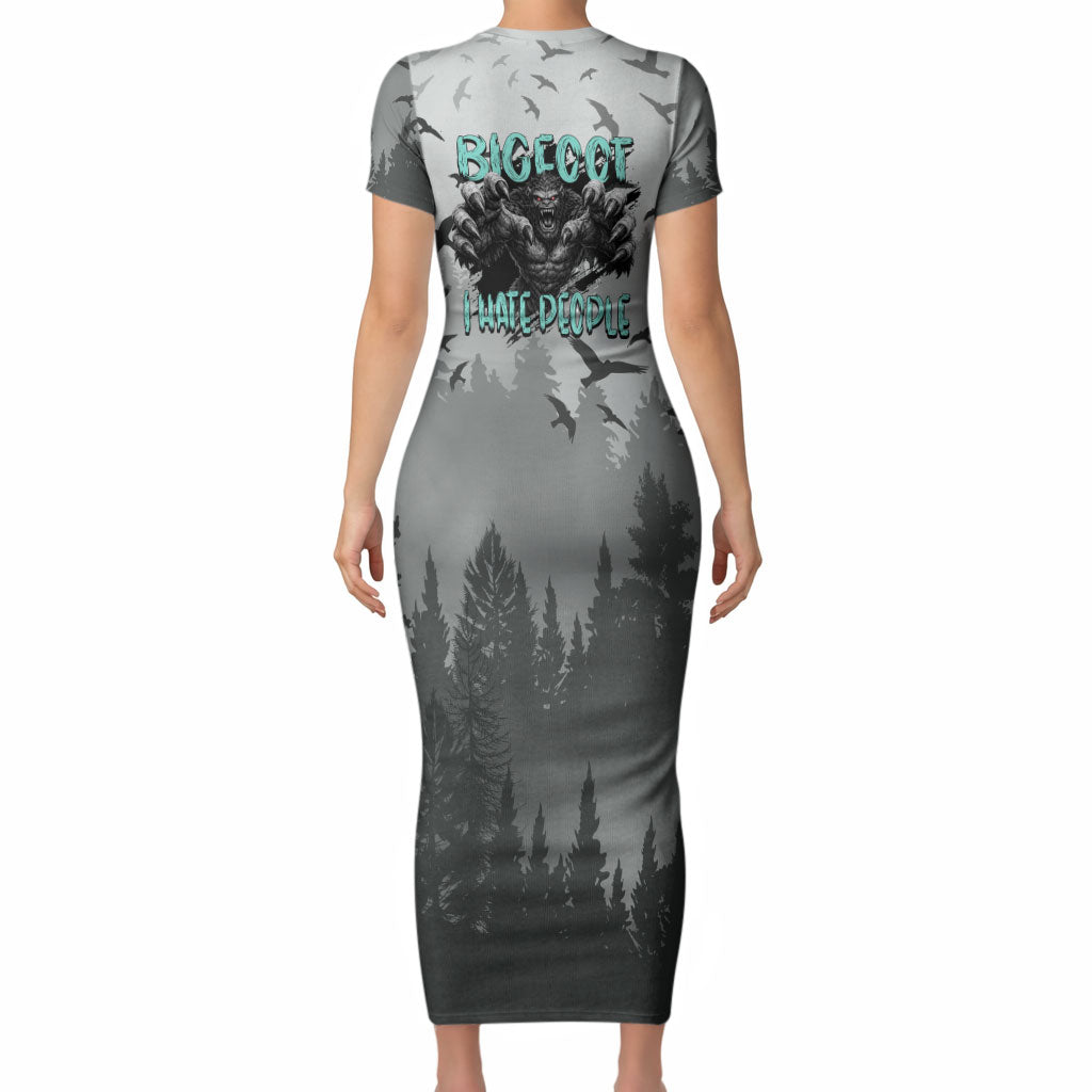 Bigfoot Stay Wild I Hate People Short Sleeve Bodycon Dress Angry Sasquatch Distressed Forest Dark Fantasy