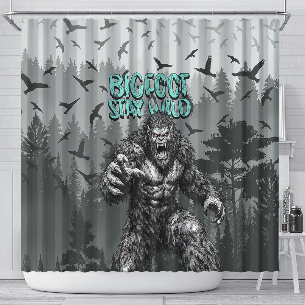 Bigfoot Stay Wild I Hate People Shower Curtain Angry Sasquatch Distressed Forest Dark Fantasy
