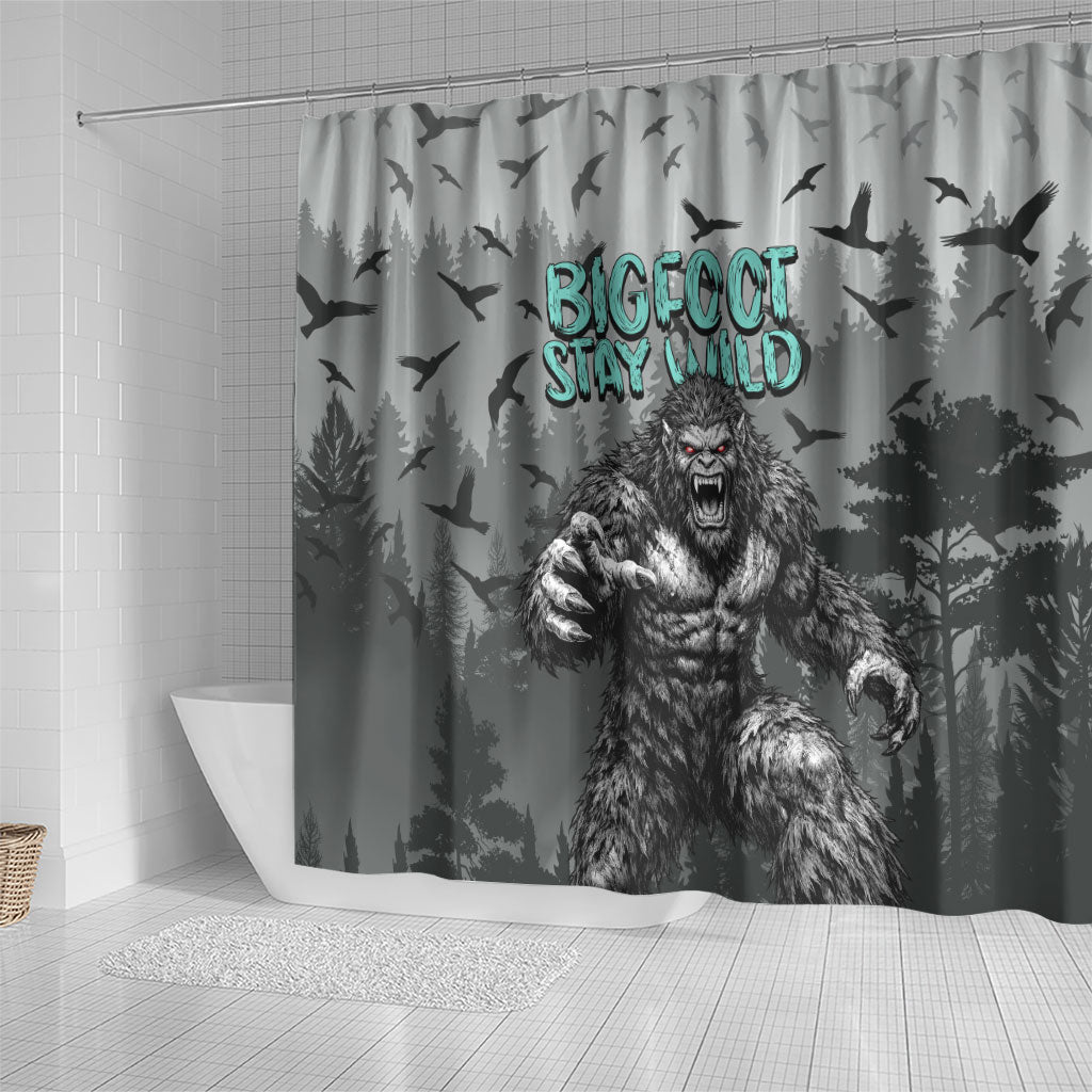 Bigfoot Stay Wild I Hate People Shower Curtain Angry Sasquatch Distressed Forest Dark Fantasy