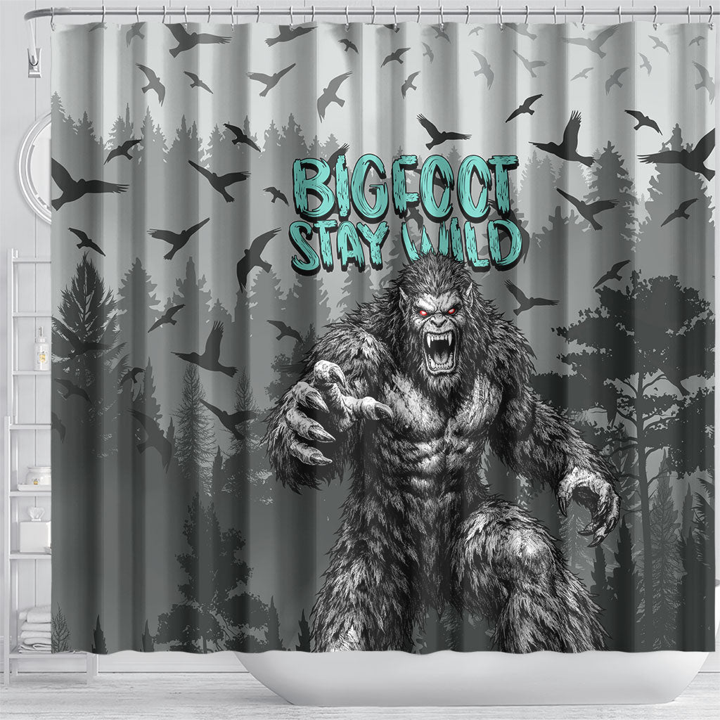 Bigfoot Stay Wild I Hate People Shower Curtain Angry Sasquatch Distressed Forest Dark Fantasy