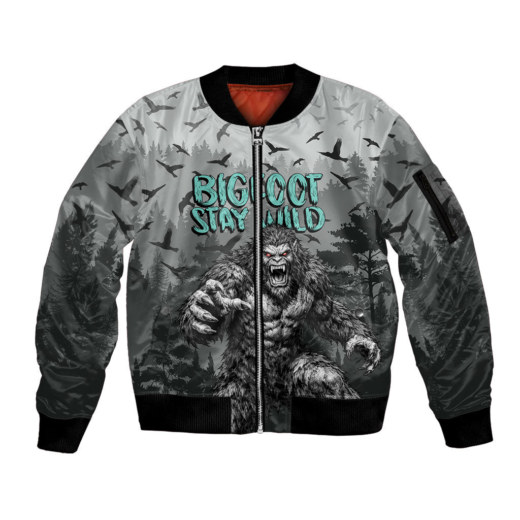 Bigfoot Stay Wild I Hate People Sleeve Zip Bomber Jacket Angry Sasquatch Distressed Forest Dark Fantasy