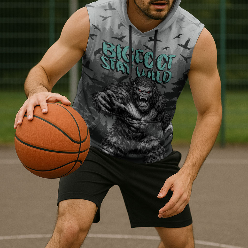 Bigfoot Stay Wild I Hate People Sleeveless Hoodie Angry Sasquatch Distressed Forest Dark Fantasy