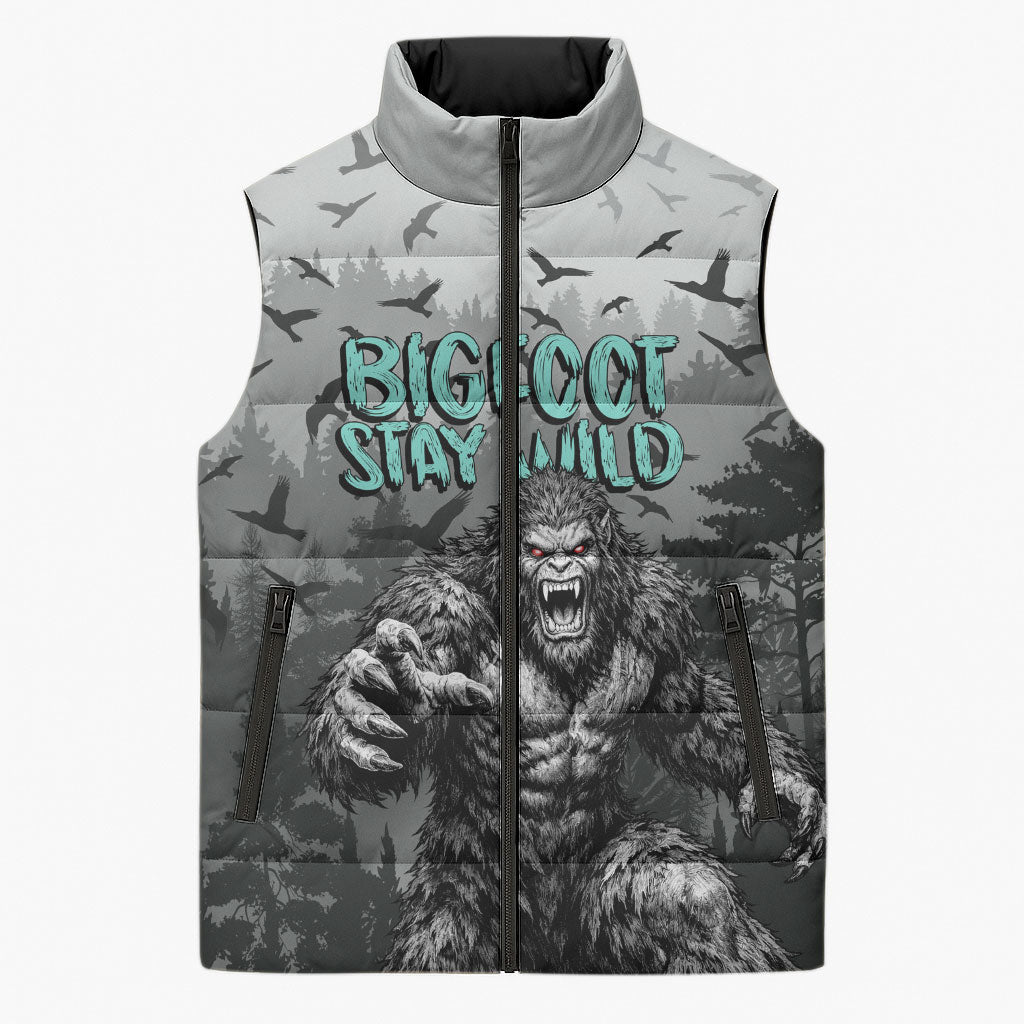 Bigfoot Stay Wild I Hate People Sleeveless Puffer Jacket Angry Sasquatch Distressed Forest Dark Fantasy