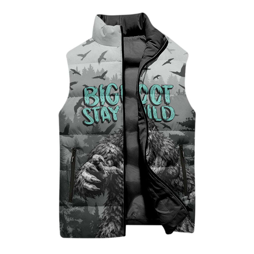 Bigfoot Stay Wild I Hate People Sleeveless Puffer Jacket Angry Sasquatch Distressed Forest Dark Fantasy