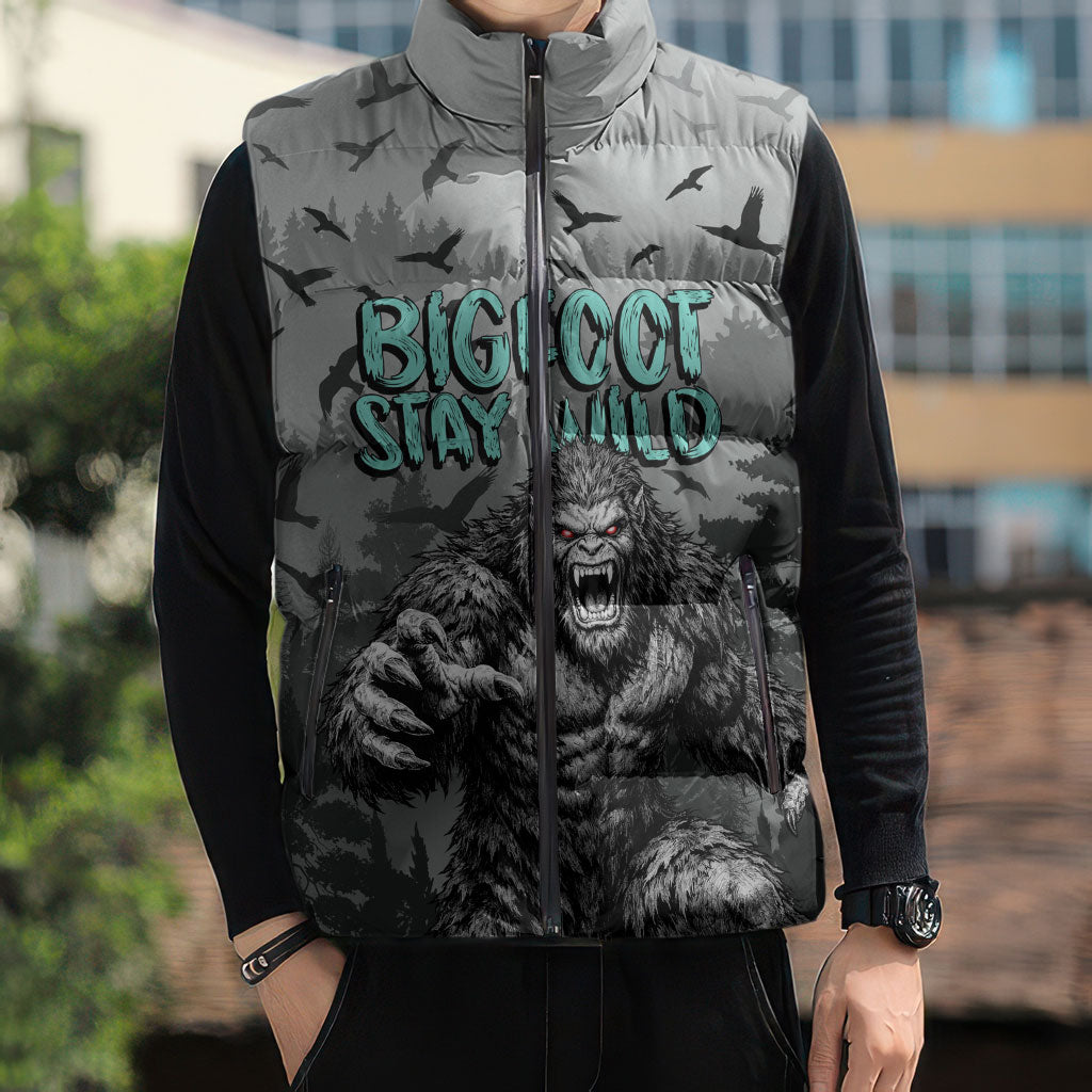 Bigfoot Stay Wild I Hate People Sleeveless Puffer Jacket Angry Sasquatch Distressed Forest Dark Fantasy