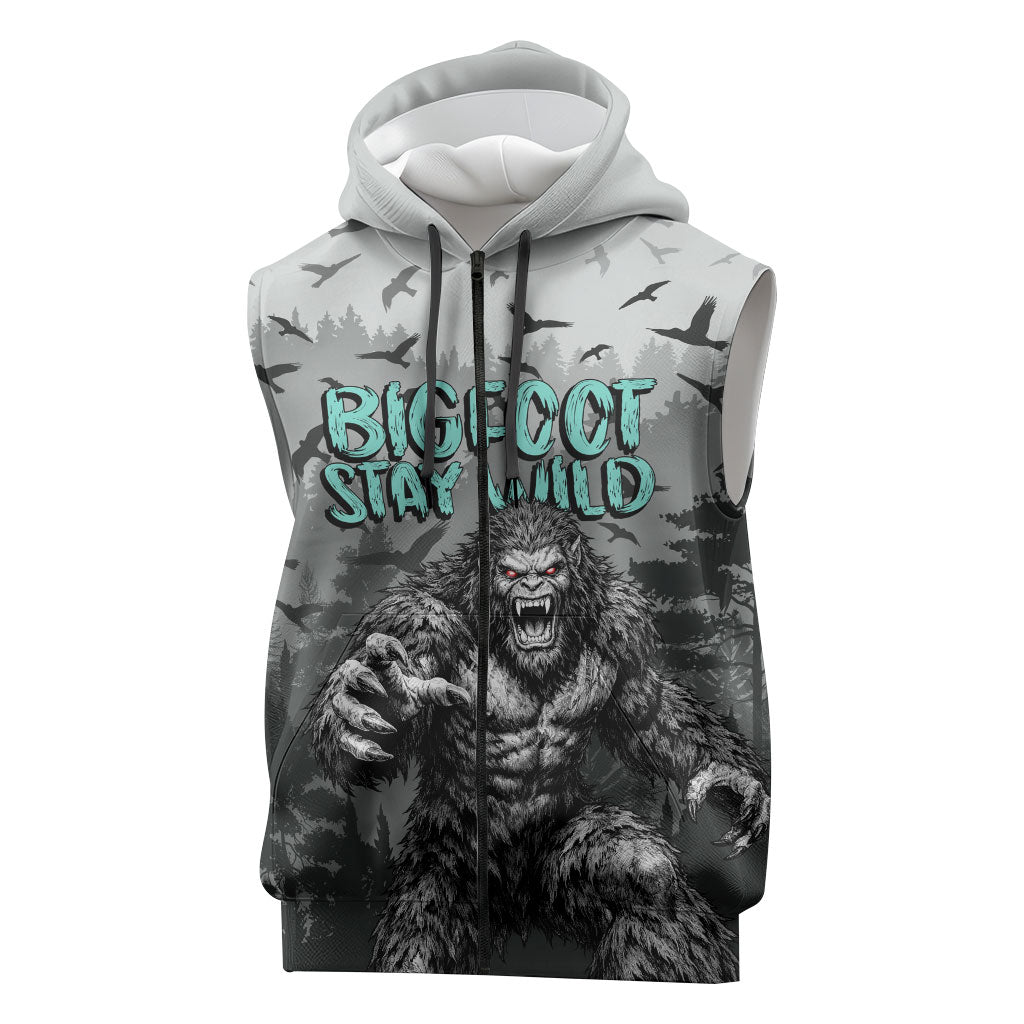 Bigfoot Stay Wild I Hate People Sleeveless Zip Hoodie Angry Sasquatch Distressed Forest Dark Fantasy
