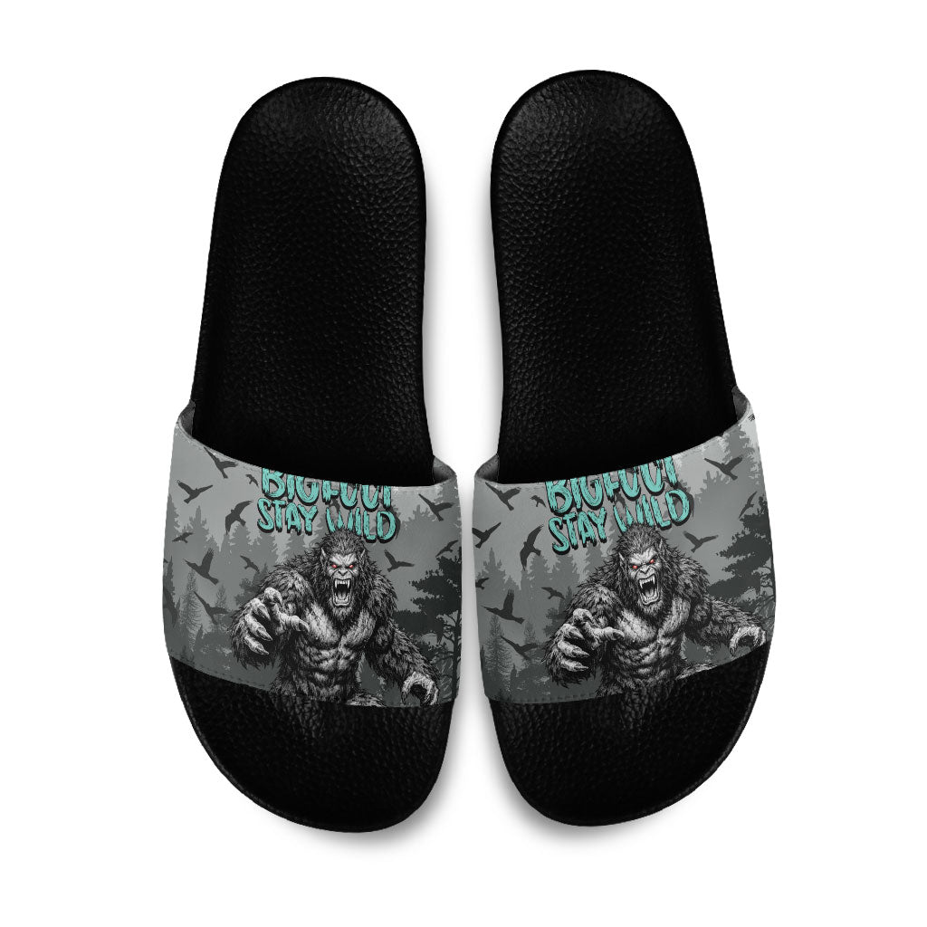 Bigfoot Stay Wild I Hate People Slide Sandals Angry Sasquatch Distressed Forest Dark Fantasy