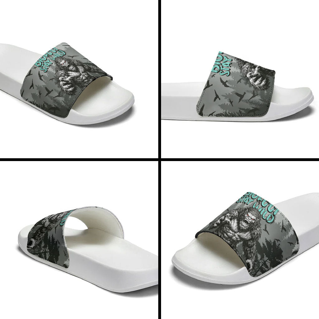 Bigfoot Stay Wild I Hate People Slide Sandals Angry Sasquatch Distressed Forest Dark Fantasy