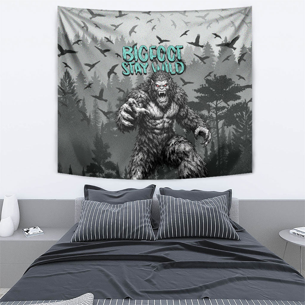Bigfoot Stay Wild I Hate People Tapestry Angry Sasquatch Distressed Forest Dark Fantasy