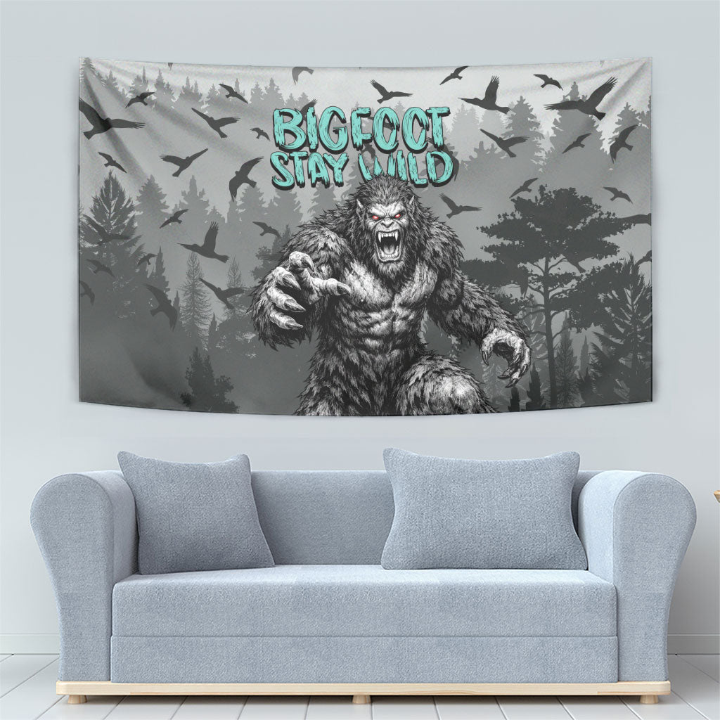 Bigfoot Stay Wild I Hate People Tapestry Angry Sasquatch Distressed Forest Dark Fantasy