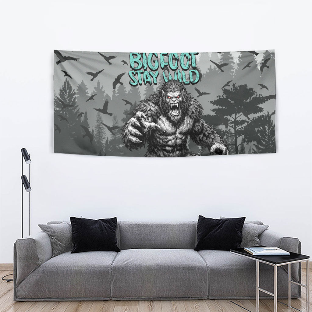Bigfoot Stay Wild I Hate People Tapestry Angry Sasquatch Distressed Forest Dark Fantasy