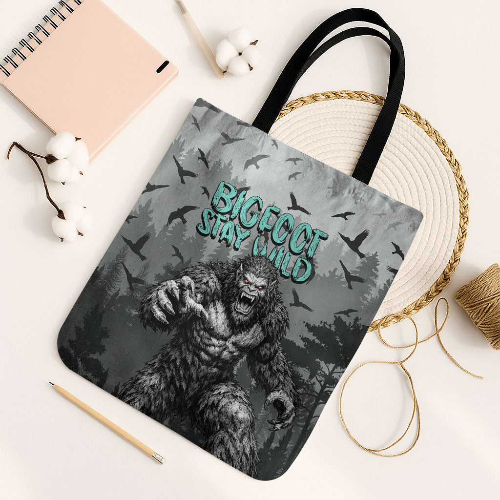 Bigfoot Stay Wild I Hate People Tote Bag Angry Sasquatch Distressed Forest Dark Fantasy