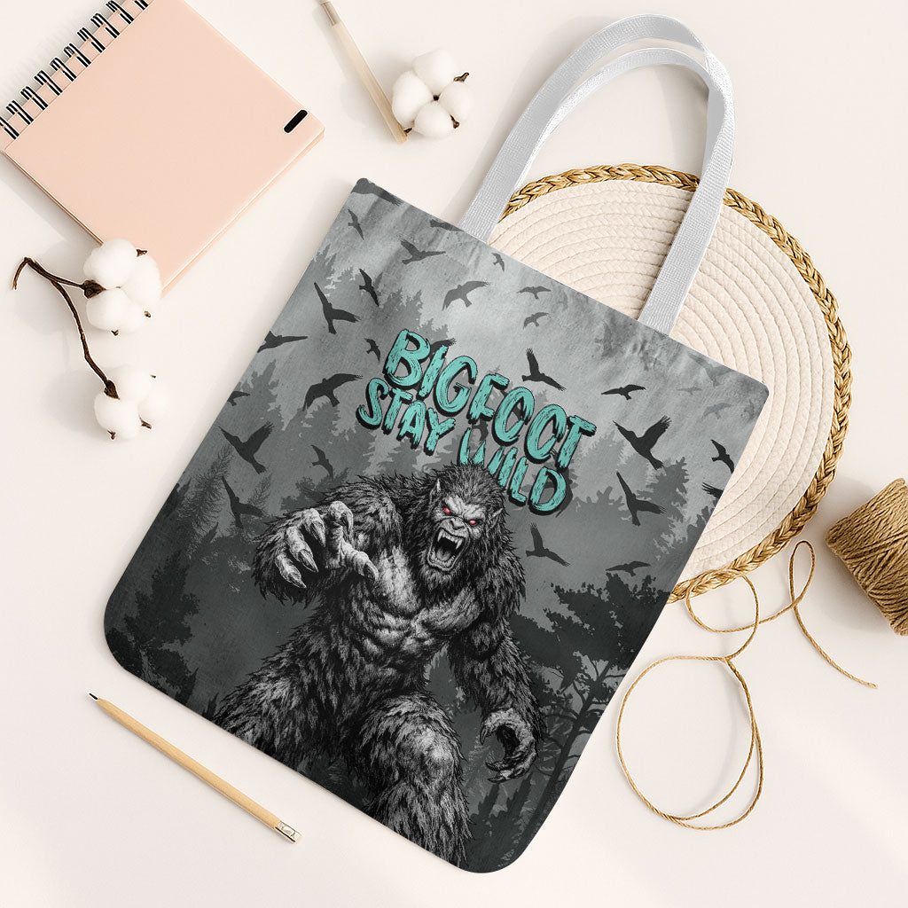 Bigfoot Stay Wild I Hate People Tote Bag Angry Sasquatch Distressed Forest Dark Fantasy