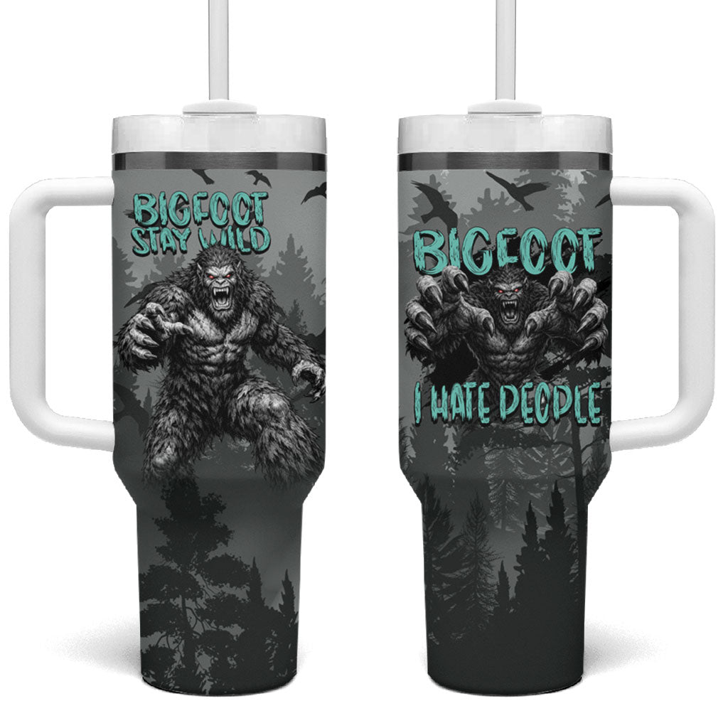 Bigfoot Stay Wild I Hate People Tumbler With Handle Angry Sasquatch Distressed Forest Dark Fantasy