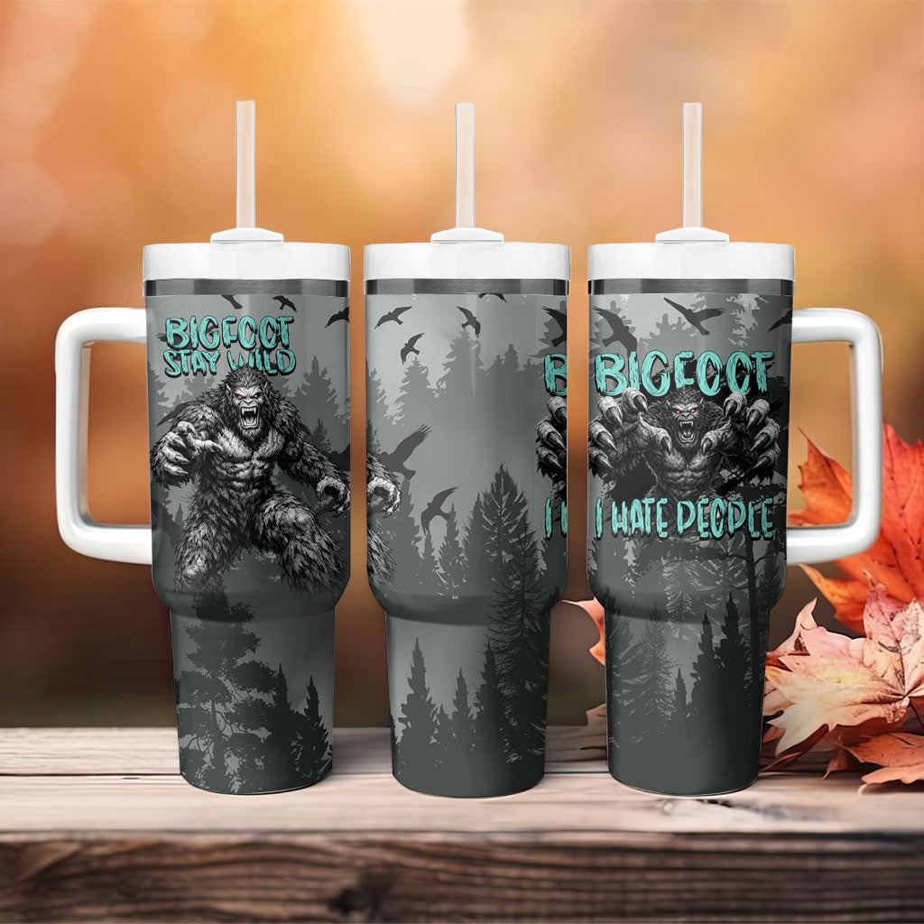 Bigfoot Stay Wild I Hate People Tumbler With Handle Angry Sasquatch Distressed Forest Dark Fantasy