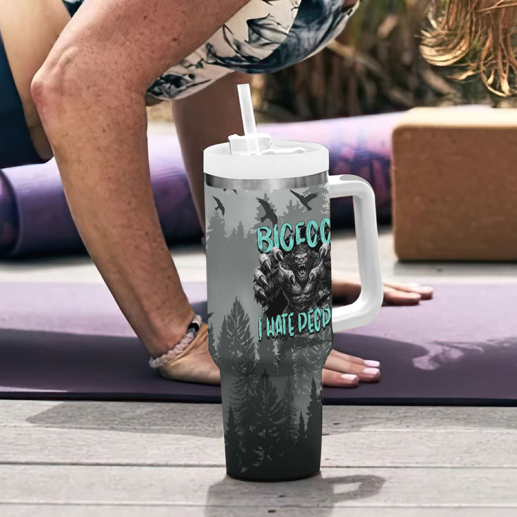 Bigfoot Stay Wild I Hate People Tumbler With Handle Angry Sasquatch Distressed Forest Dark Fantasy