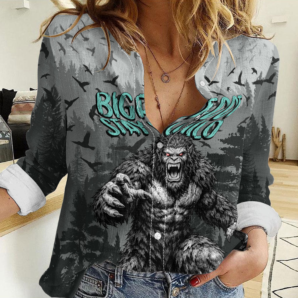 Bigfoot Stay Wild I Hate People Women Casual Shirt Angry Sasquatch Distressed Forest Dark Fantasy