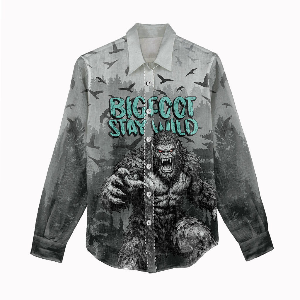Bigfoot Stay Wild I Hate People Women Casual Shirt Angry Sasquatch Distressed Forest Dark Fantasy