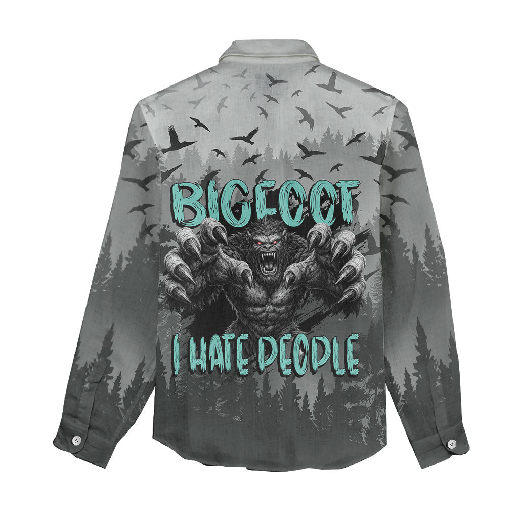 Bigfoot Stay Wild I Hate People Women Casual Shirt Angry Sasquatch Distressed Forest Dark Fantasy