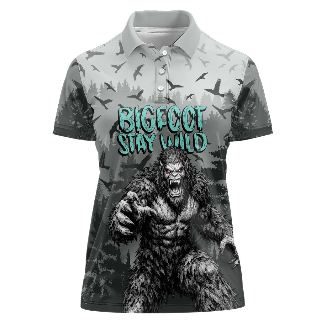 Bigfoot Stay Wild I Hate People Women Polo Shirt Angry Sasquatch Distressed Forest Dark Fantasy