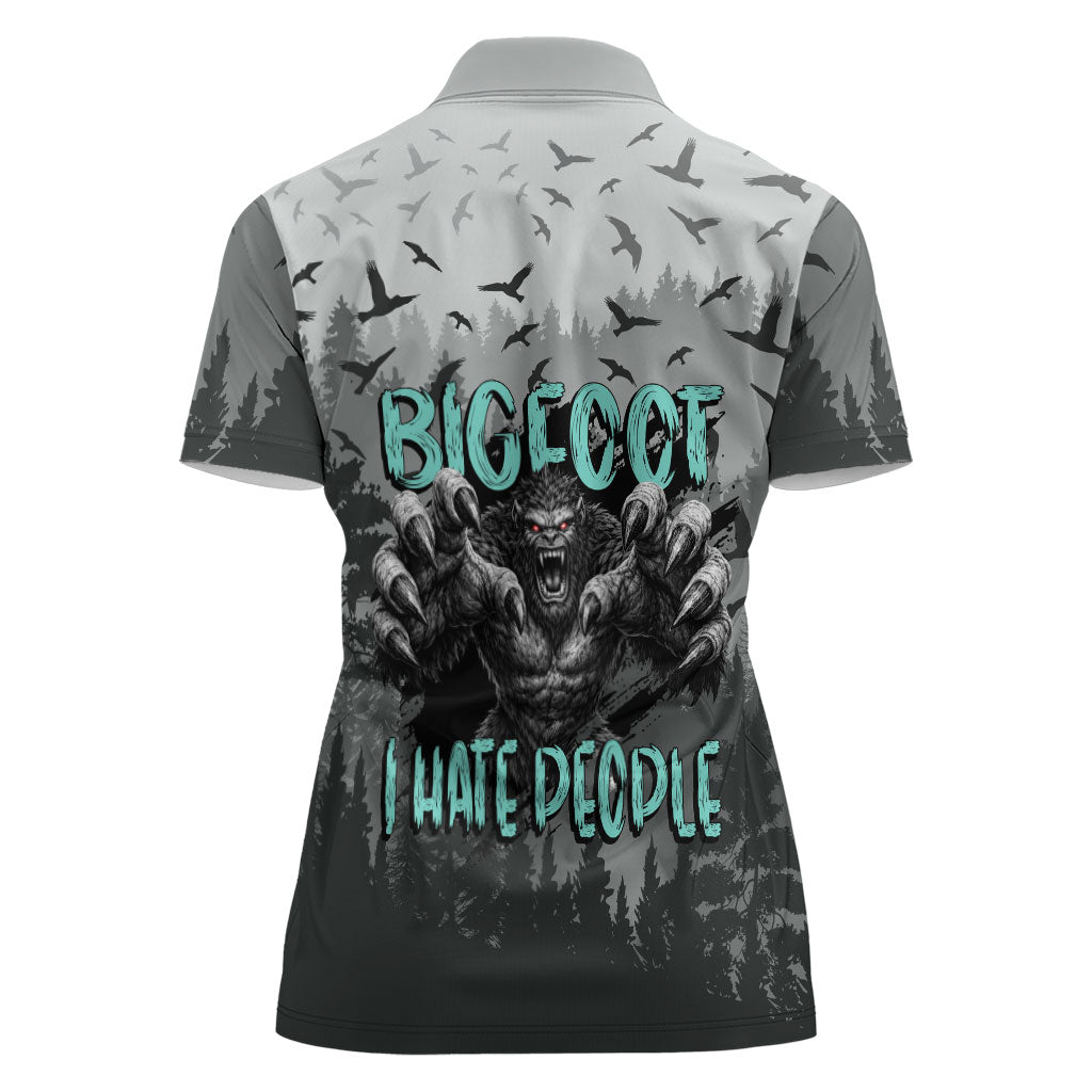 Bigfoot Stay Wild I Hate People Women Polo Shirt Angry Sasquatch Distressed Forest Dark Fantasy
