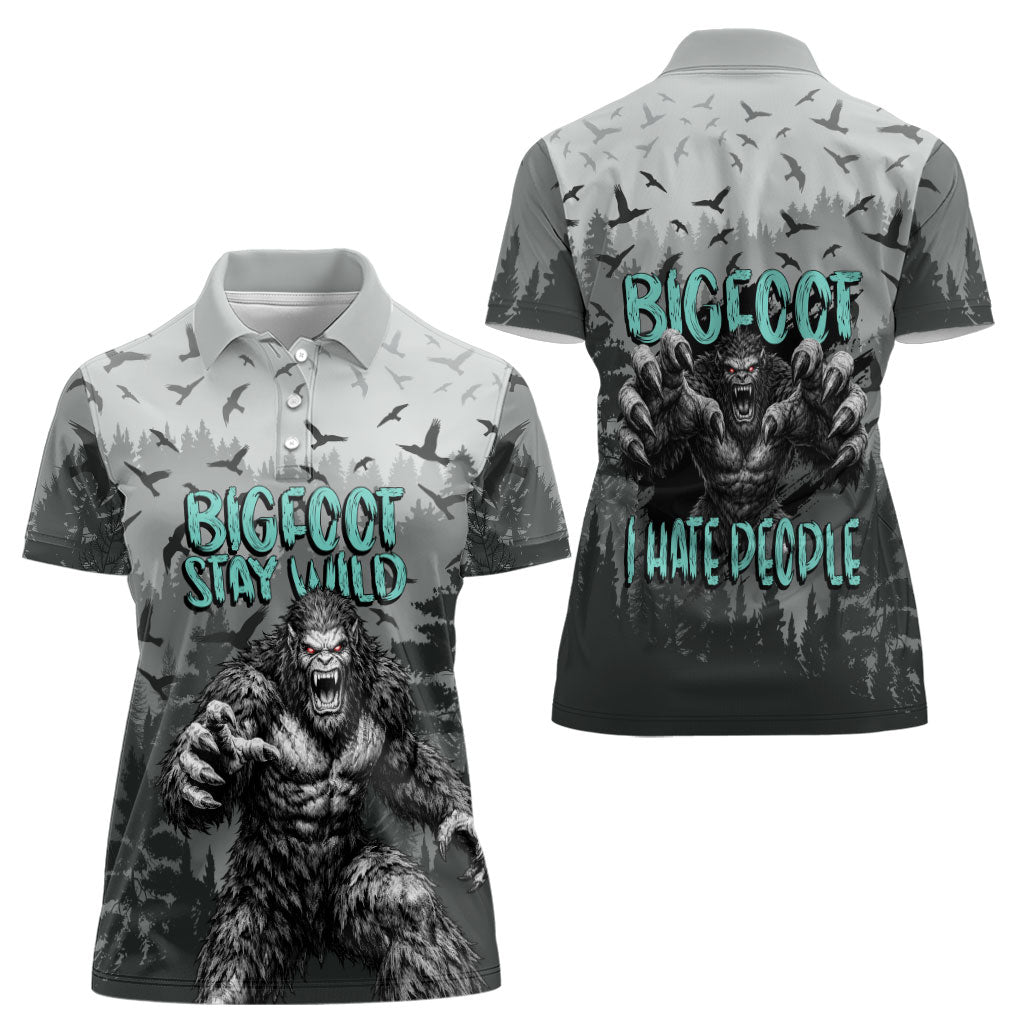 Bigfoot Stay Wild I Hate People Women Polo Shirt Angry Sasquatch Distressed Forest Dark Fantasy