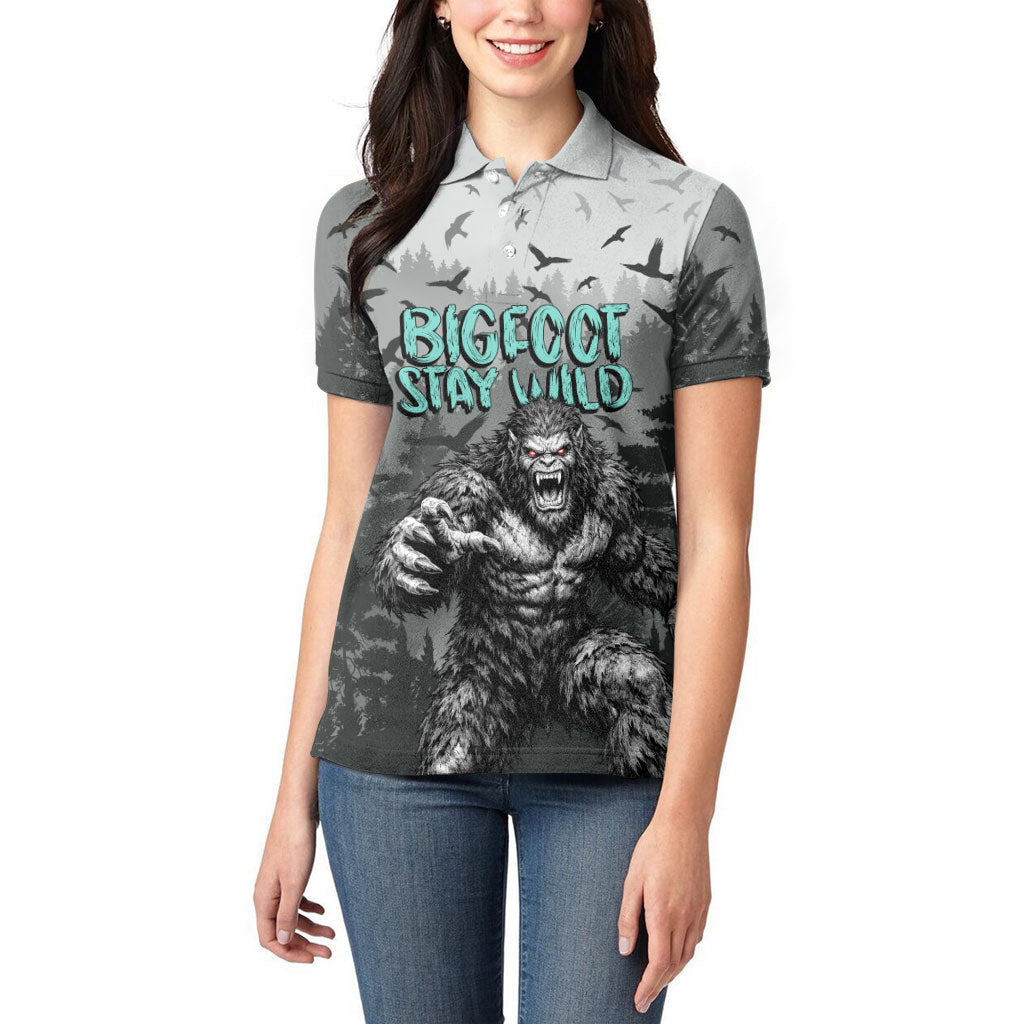 Bigfoot Stay Wild I Hate People Women Polo Shirt Angry Sasquatch Distressed Forest Dark Fantasy