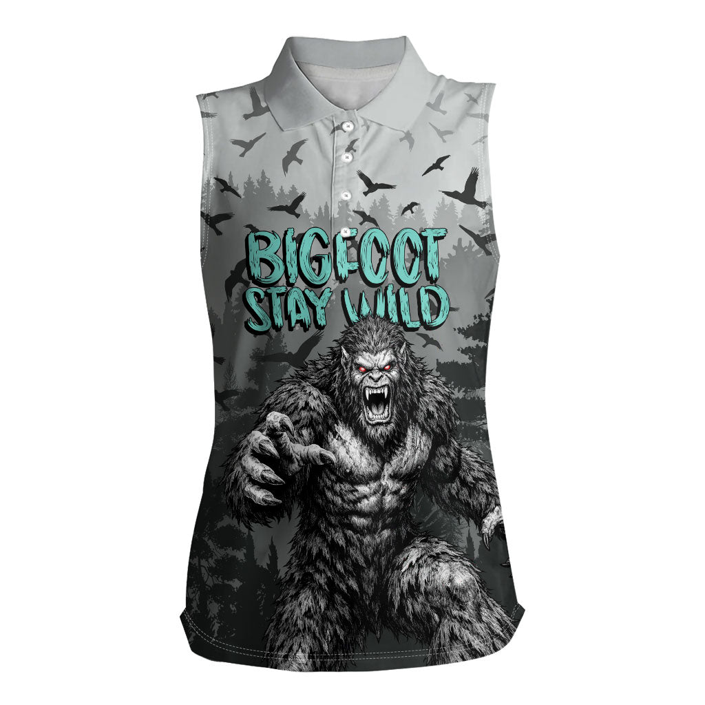 Bigfoot Stay Wild I Hate People Women Sleeveless Polo Shirt Angry Sasquatch Distressed Forest Dark Fantasy