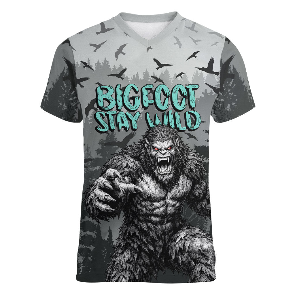 Bigfoot Stay Wild I Hate People Women V-Neck T-Shirt Angry Sasquatch Distressed Forest Dark Fantasy