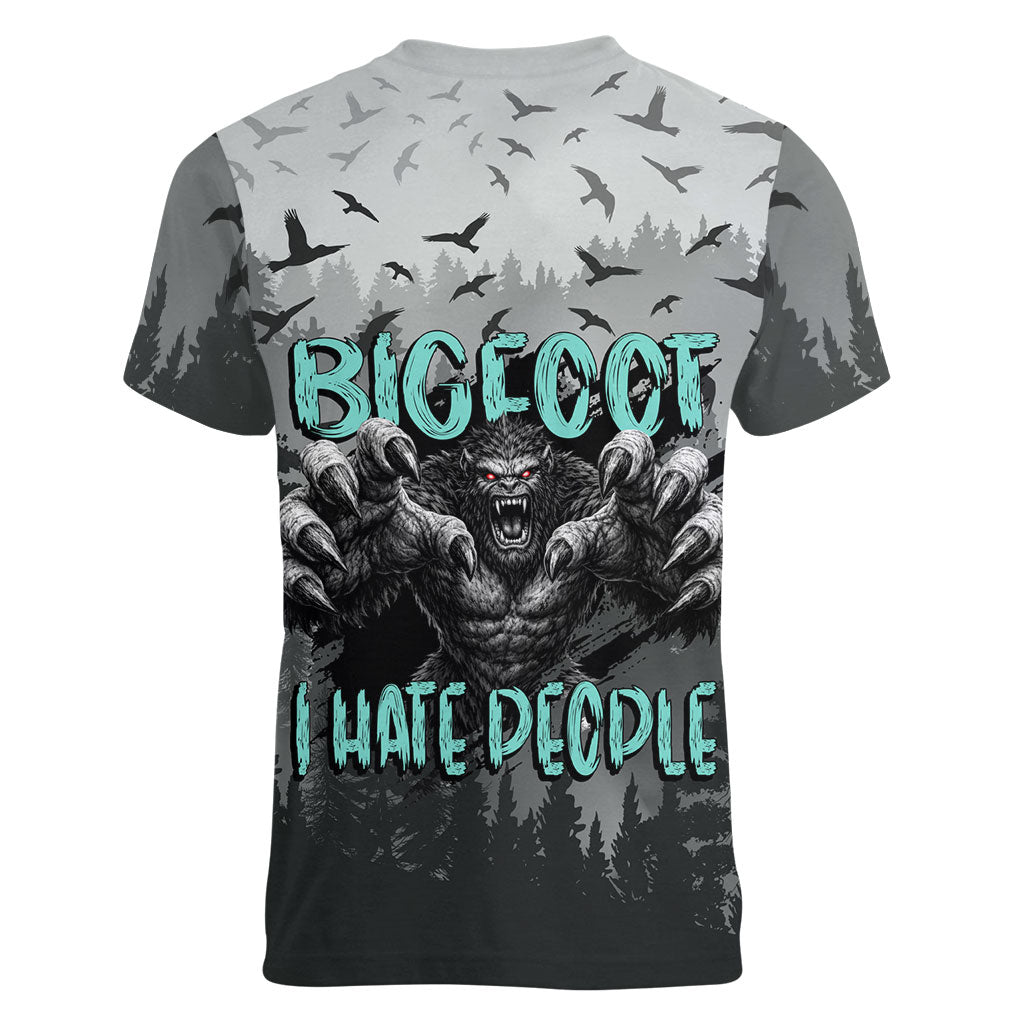 Bigfoot Stay Wild I Hate People Women V-Neck T-Shirt Angry Sasquatch Distressed Forest Dark Fantasy
