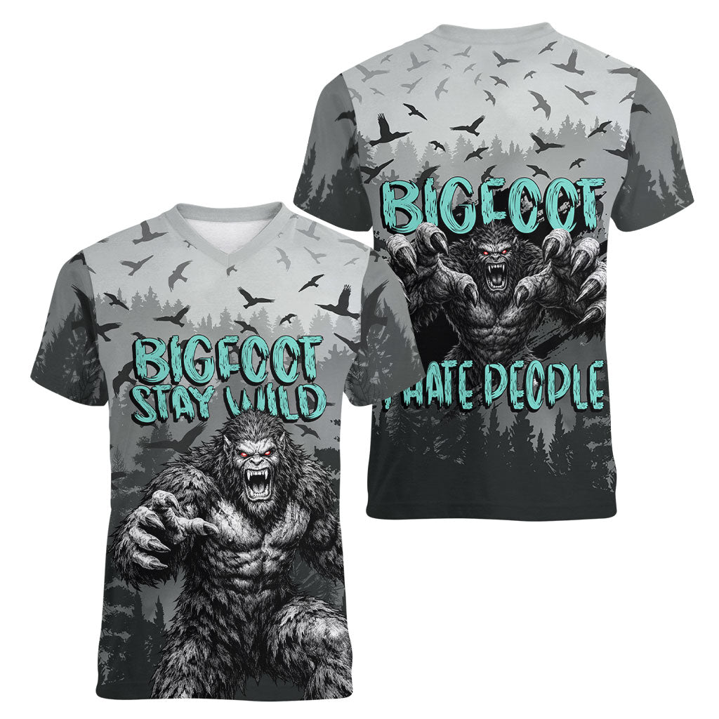 Bigfoot Stay Wild I Hate People Women V-Neck T-Shirt Angry Sasquatch Distressed Forest Dark Fantasy