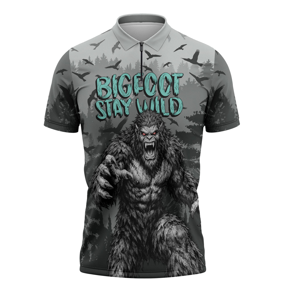 Bigfoot Stay Wild I Hate People Zipper Polo Shirt Angry Sasquatch Distressed Forest Dark Fantasy