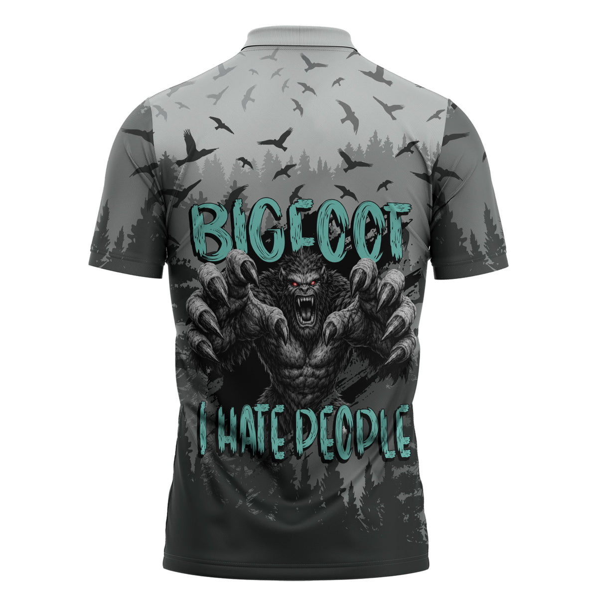 Bigfoot Stay Wild I Hate People Zipper Polo Shirt Angry Sasquatch Distressed Forest Dark Fantasy