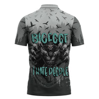 Bigfoot Stay Wild I Hate People Zipper Polo Shirt Angry Sasquatch Distressed Forest Dark Fantasy