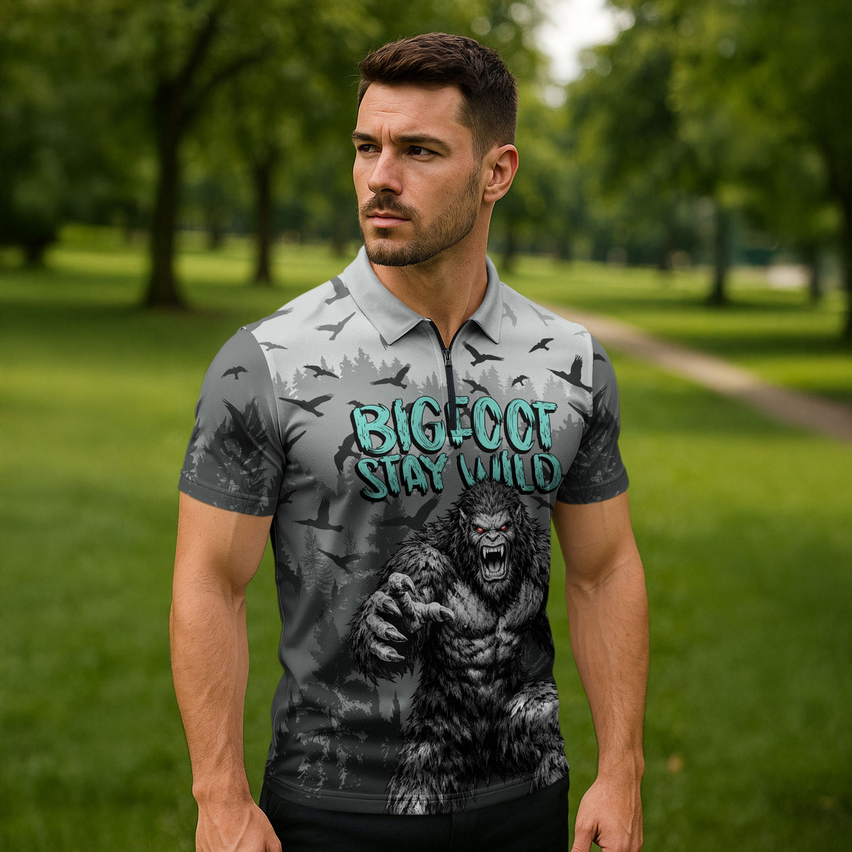 Bigfoot Stay Wild I Hate People Zipper Polo Shirt Angry Sasquatch Distressed Forest Dark Fantasy