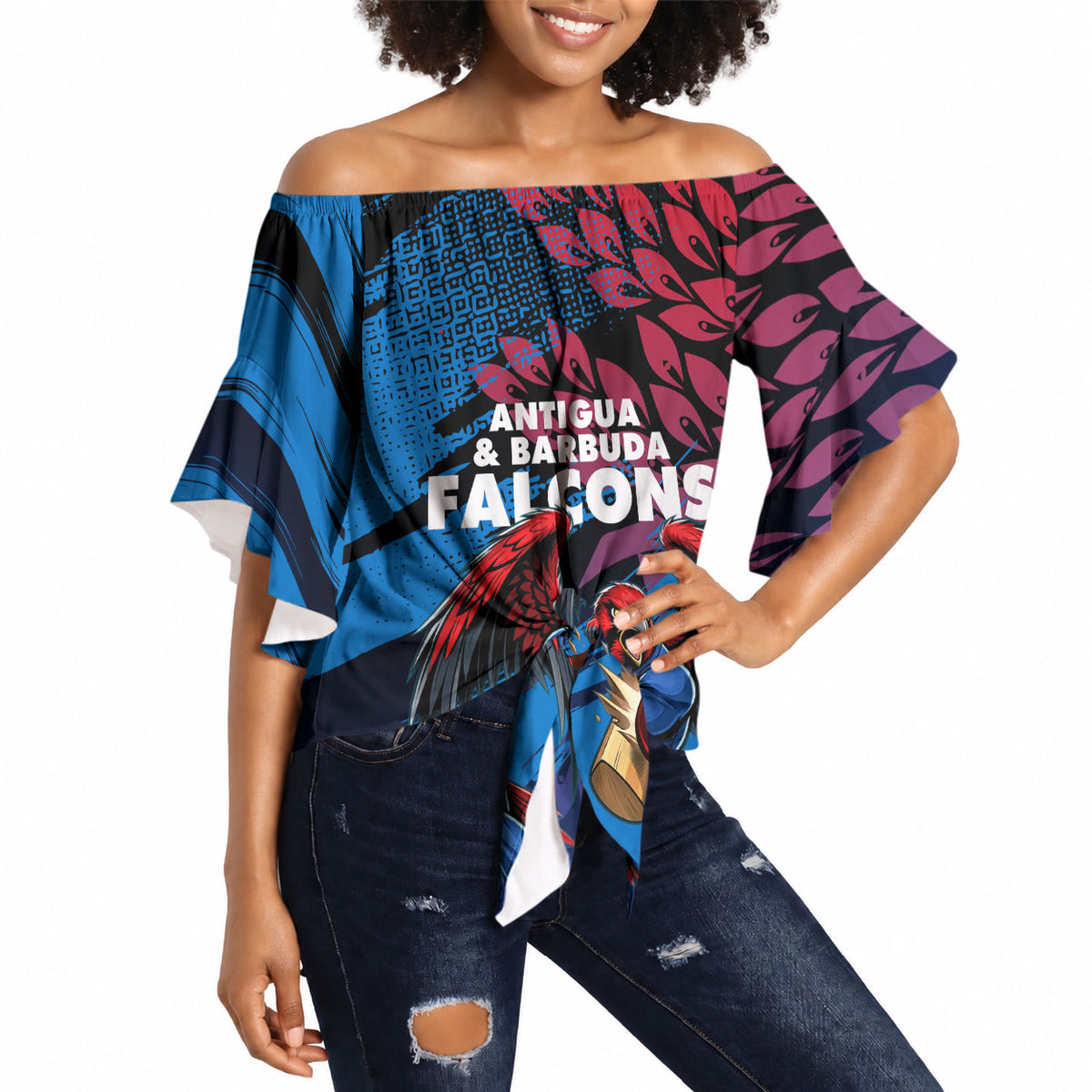 Personalized Antigua And Barbuda Cricket Off Shoulder Wrap Waist Top Falcons Mascot Sport Style