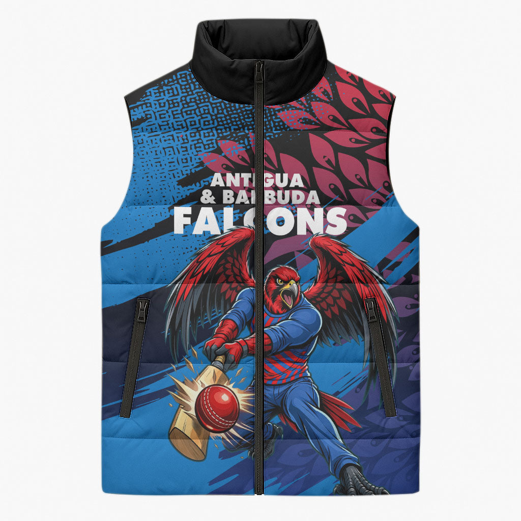 Personalized Antigua And Barbuda Cricket Sleeveless Puffer Jacket Falcons Mascot Sport Style
